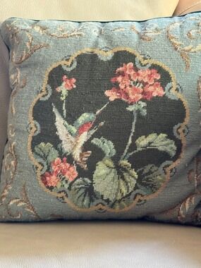 Vintage 1991 Peking Handicraft Hummingbird Needlepoint Pillow 14x14 Wool Decor